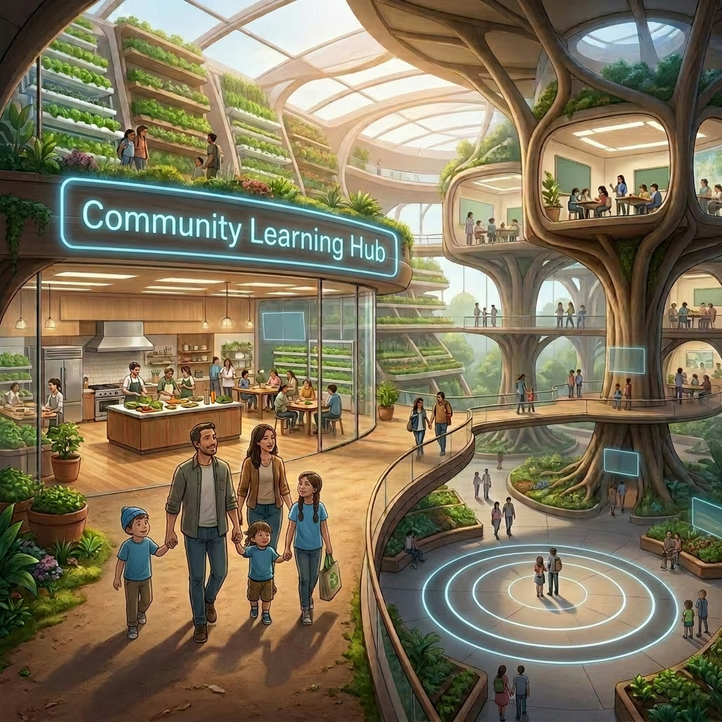 Modern community kitchen with indoor gardens and multiple learning spaces around a central tree structure