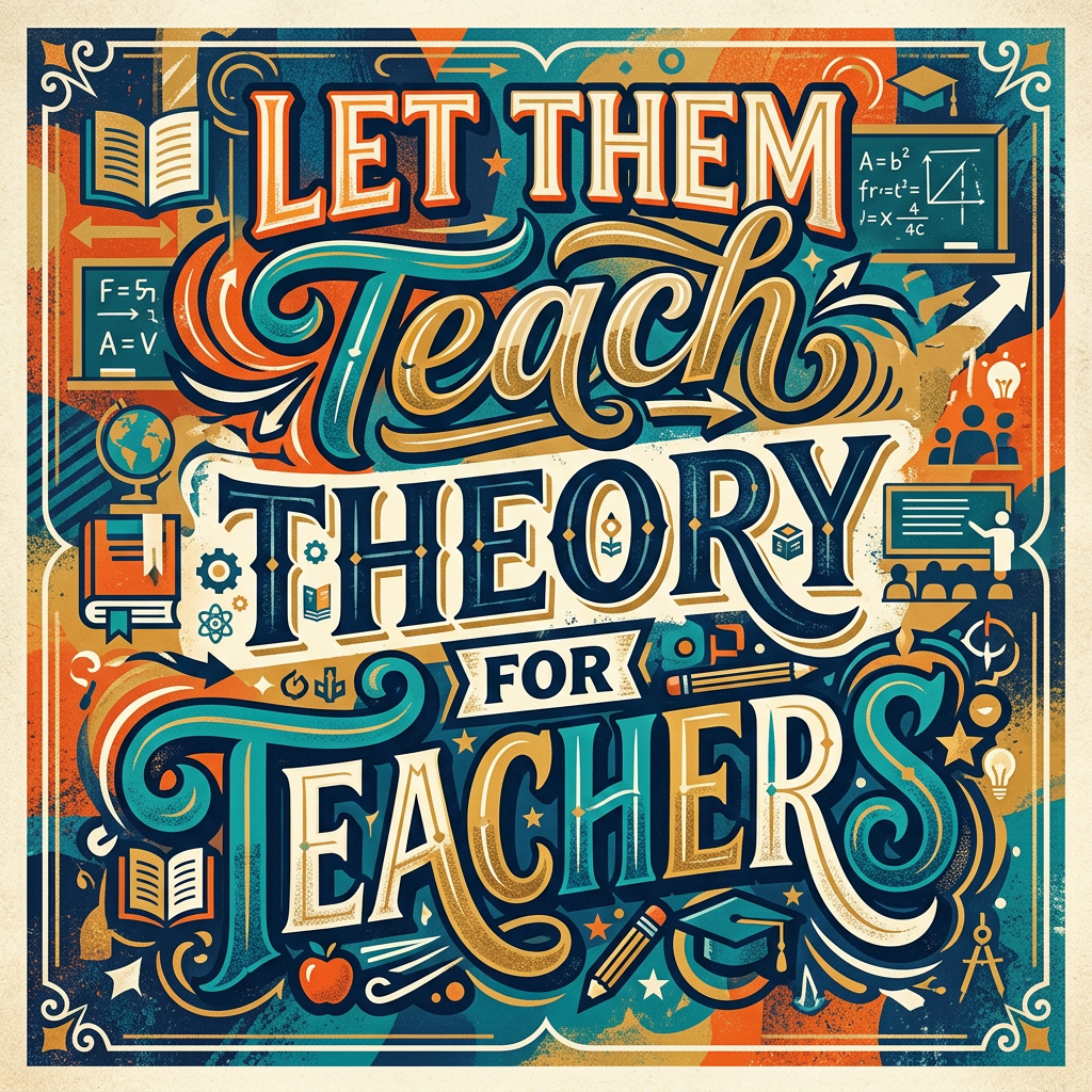 Colorful typography artwork saying 'Let Them Teach Theory for Teachers' with educational icons